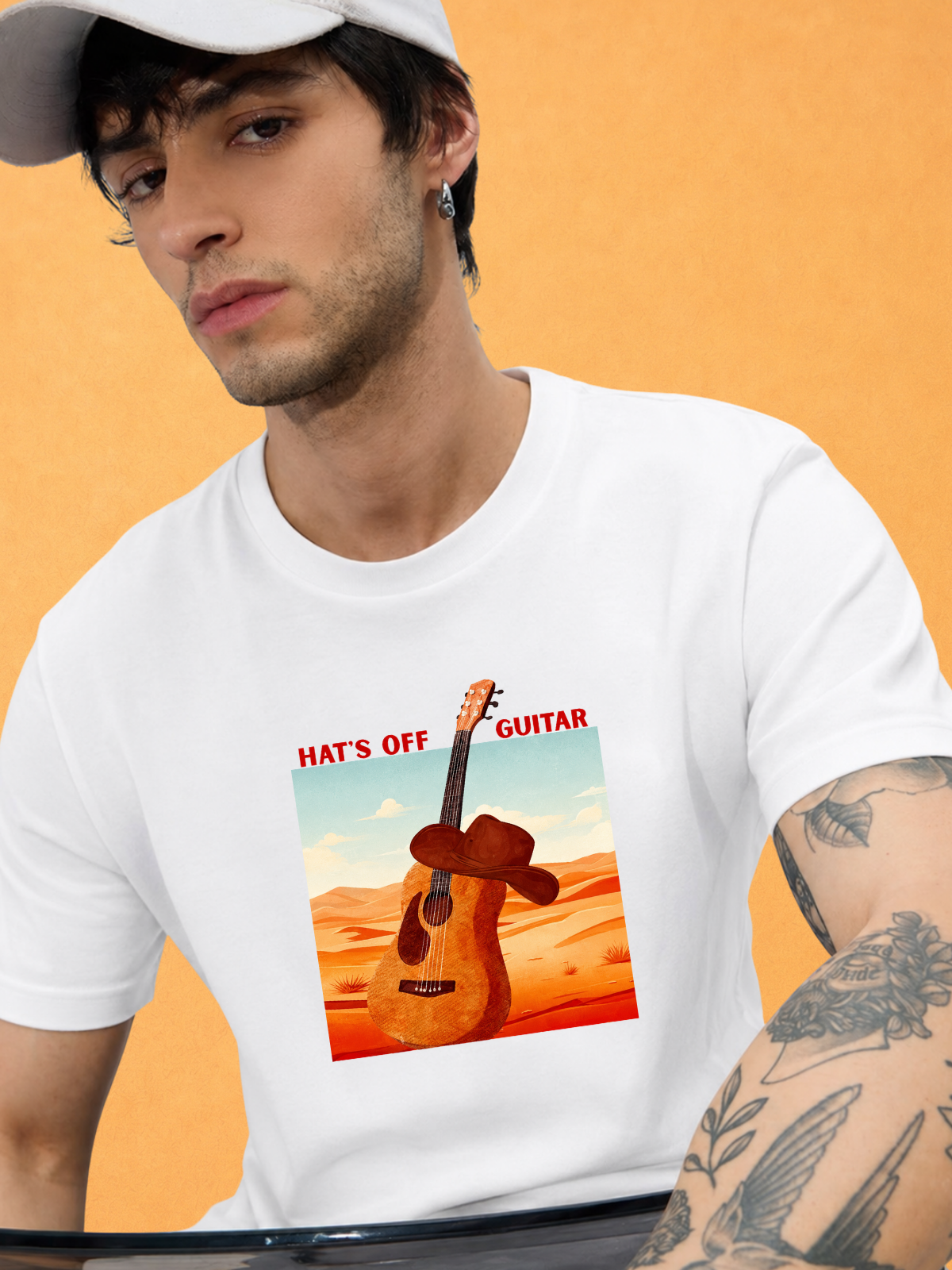 Hats Off guitar Regular Fit White T-shirt