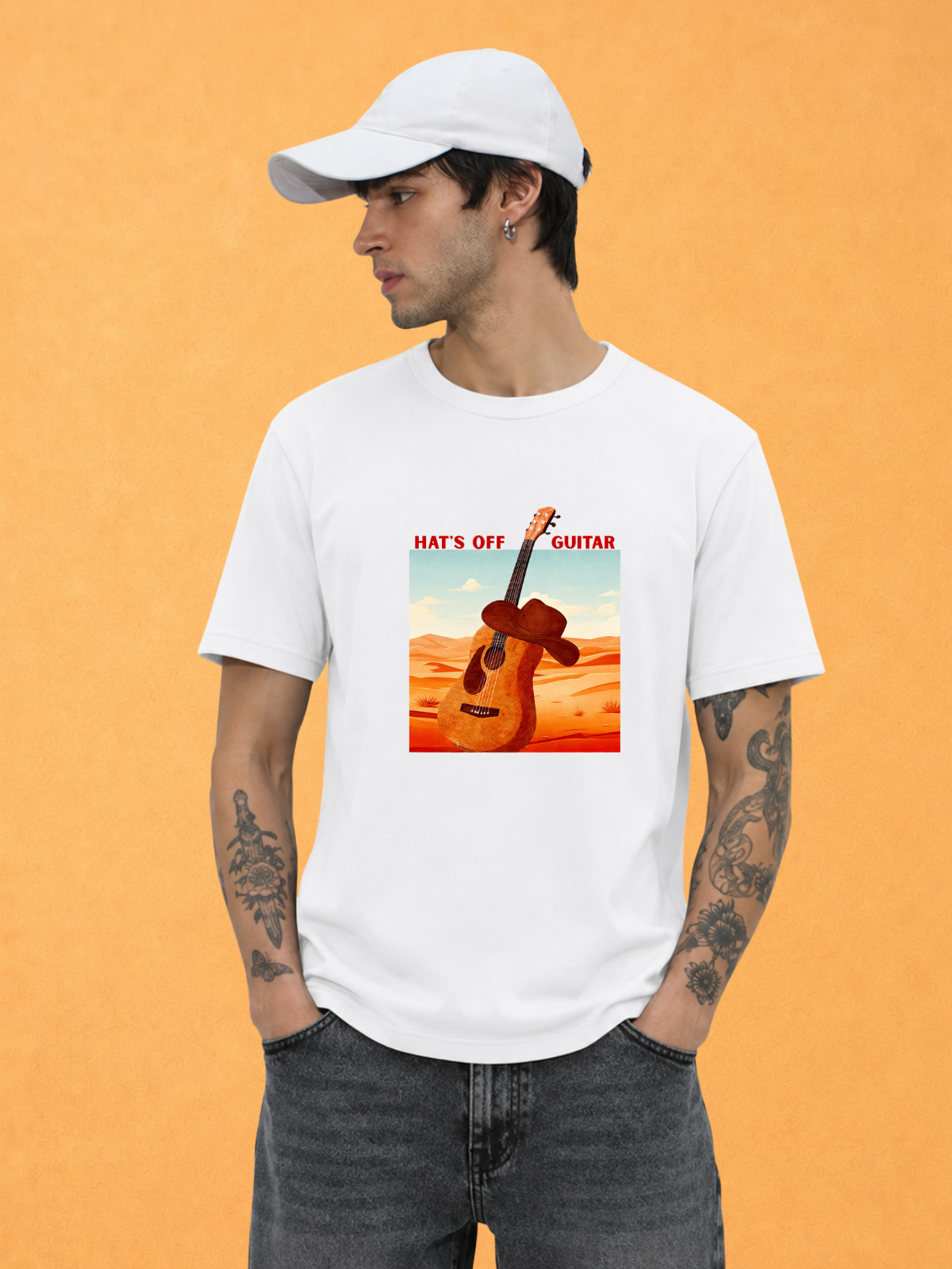 Hats Off guitar Regular Fit White T-shirt